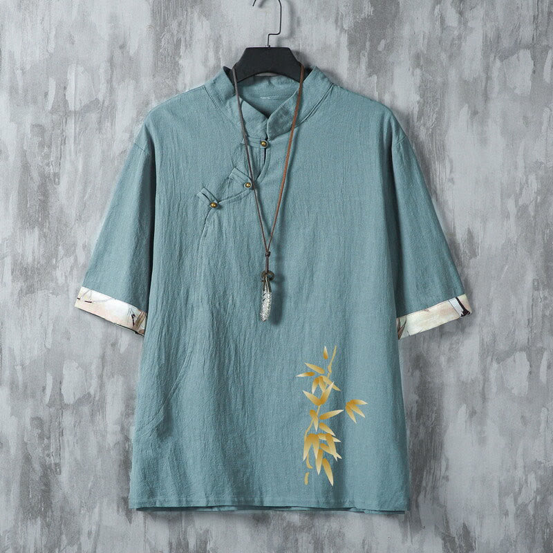 Buddha Stones Letnie koszule męskie z krótkim rękawem w stylu Tang, swobodne, z żabim guzikiem i bambusem - CadetBlue - US/UK/AU46， EU56 (5XL) - image 0