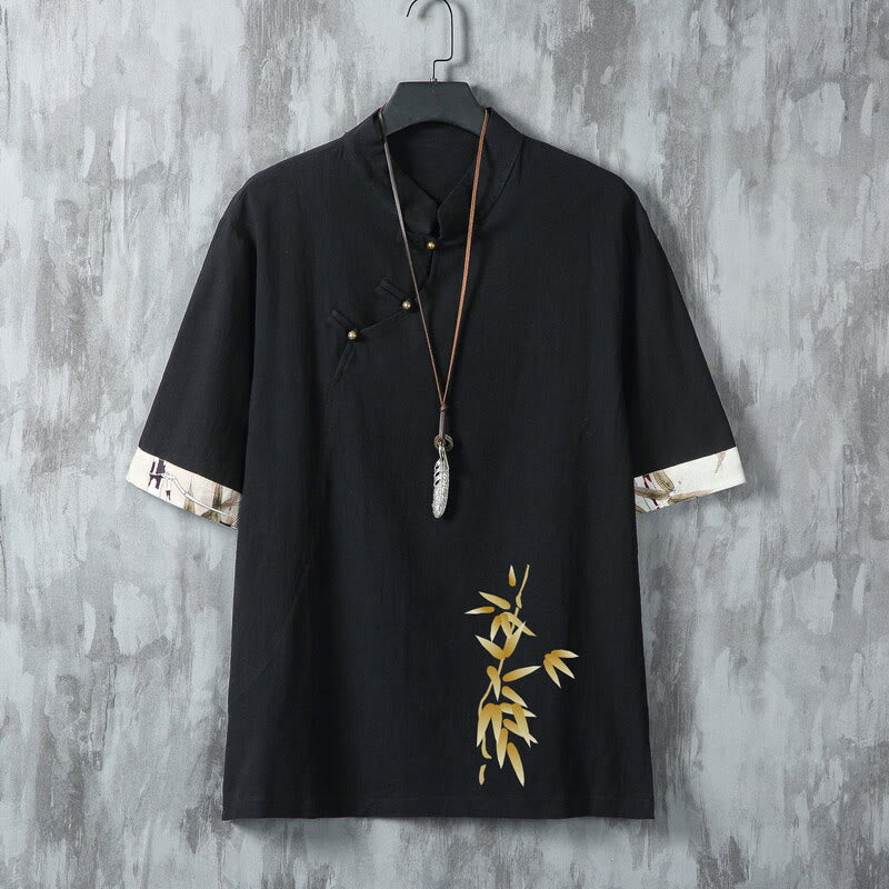 Buddha Stones Letnie koszule męskie z krótkim rękawem w stylu Tang, swobodne, z żabim guzikiem i bambusem - Czarny - US/UK/AU46， EU56 (5XL) - image 1