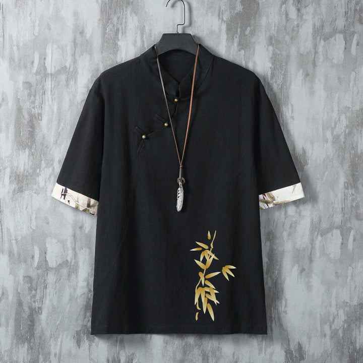 Buddha Stones Letnie koszule męskie z krótkim rękawem w stylu Tang, swobodne, z żabim guzikiem i bambusem - Czarny - US/UK/AU46， EU56 (5XL) - image 1