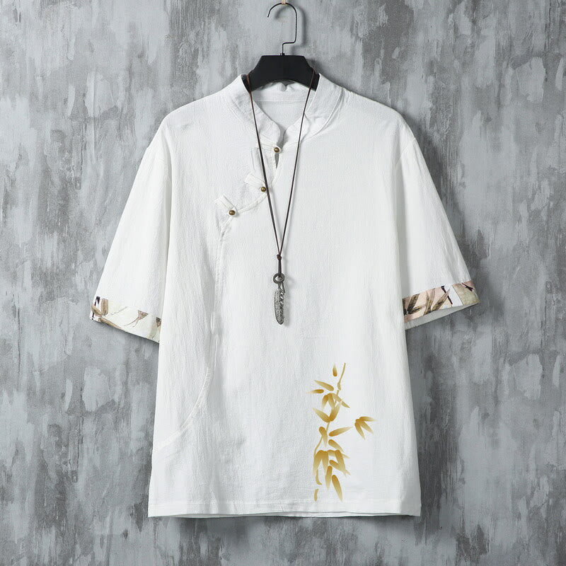 Buddha Stones Letnie koszule męskie z krótkim rękawem w stylu Tang, swobodne, z żabim guzikiem i bambusem - Biały - US/UK/AU46， EU56 (5XL) - image 2
