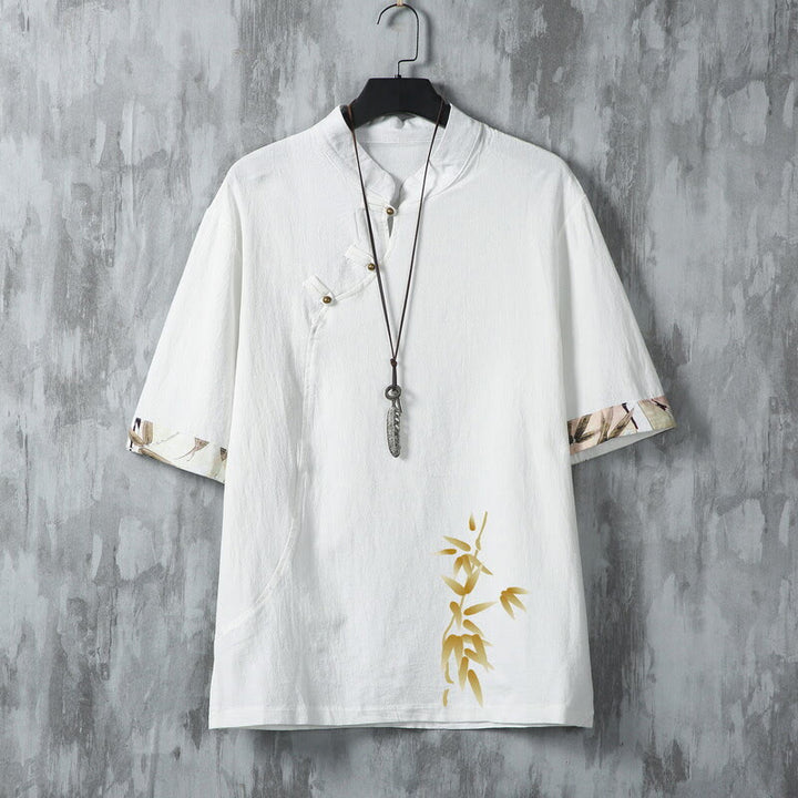 Buddha Stones Letnie koszule męskie z krótkim rękawem w stylu Tang, swobodne, z żabim guzikiem i bambusem - Biały - US/UK/AU46， EU56 (5XL) - image 2