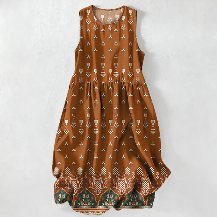 Buddha Stones Letnia, swobodna, damska sukienka midi bez rękawów z kieszeniami, w geometryczny wzór kwiatowy w stylu boho - Peru - US16, UK/AU20, EU48 (3XL) - image 0