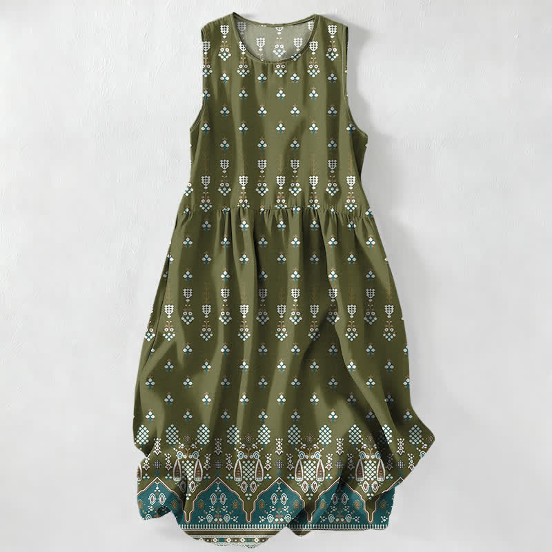 Buddha Stones Letnia, swobodna, damska sukienka midi bez rękawów z kieszeniami, w geometryczny wzór kwiatowy w stylu boho - Oliwka - US16, UK/AU20, EU48 (3XL) - image 4