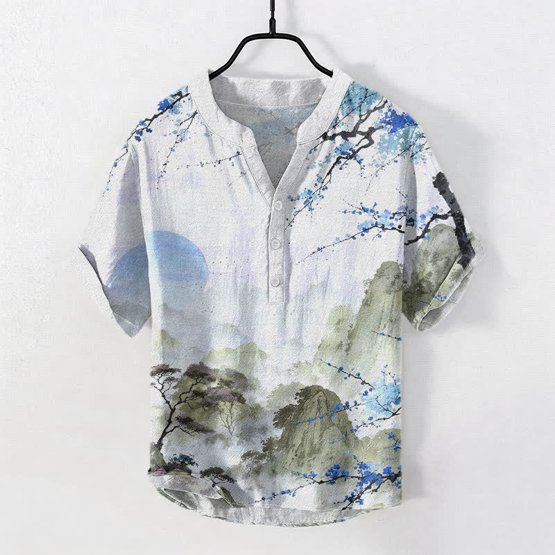 Buddha Stones Koszula męska z krótkim rękawem i półguzikiem w kwiaty śliwy z nadrukiem Cotton Ink Landscape - Jasnoniebieski - US/UK/AU50, EU60 (5XL) - image 3