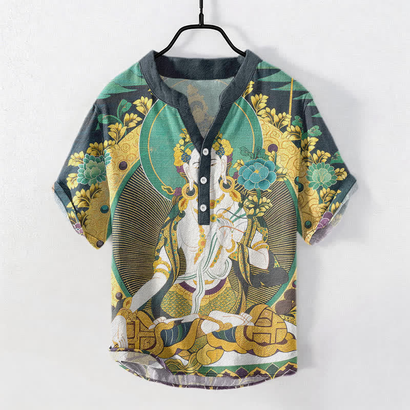 Buddha Stones Koszula męska z krótkim rękawem i krótkim guzikiem, bawełniana, z motywem kwiatowym Radiant Buddha - LightSeaGreen - US/UK/AU50, EU60 (5XL) - image 0