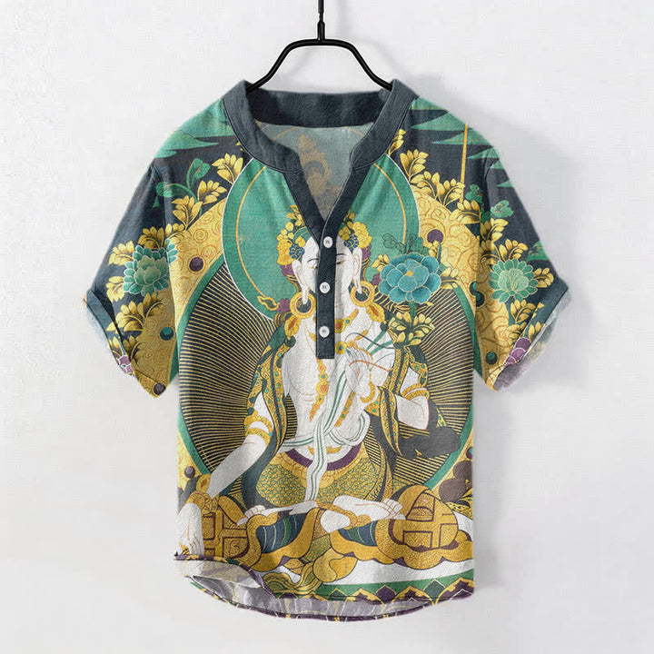 Buddha Stones Koszula męska z krótkim rękawem i krótkim guzikiem, bawełniana, z motywem kwiatowym Radiant Buddha - LightSeaGreen - US/UK/AU50, EU60 (5XL) - image 0