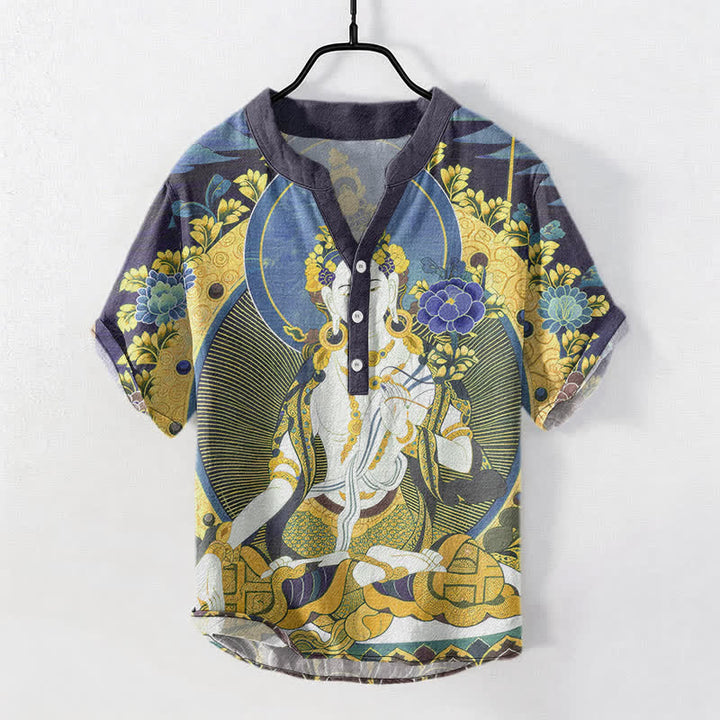 Buddha Stones Koszula męska z krótkim rękawem i krótkim guzikiem, bawełniana, z motywem kwiatowym Radiant Buddha - Chaber niebieski - US/UK/AU50, EU60 (5XL) - image 5