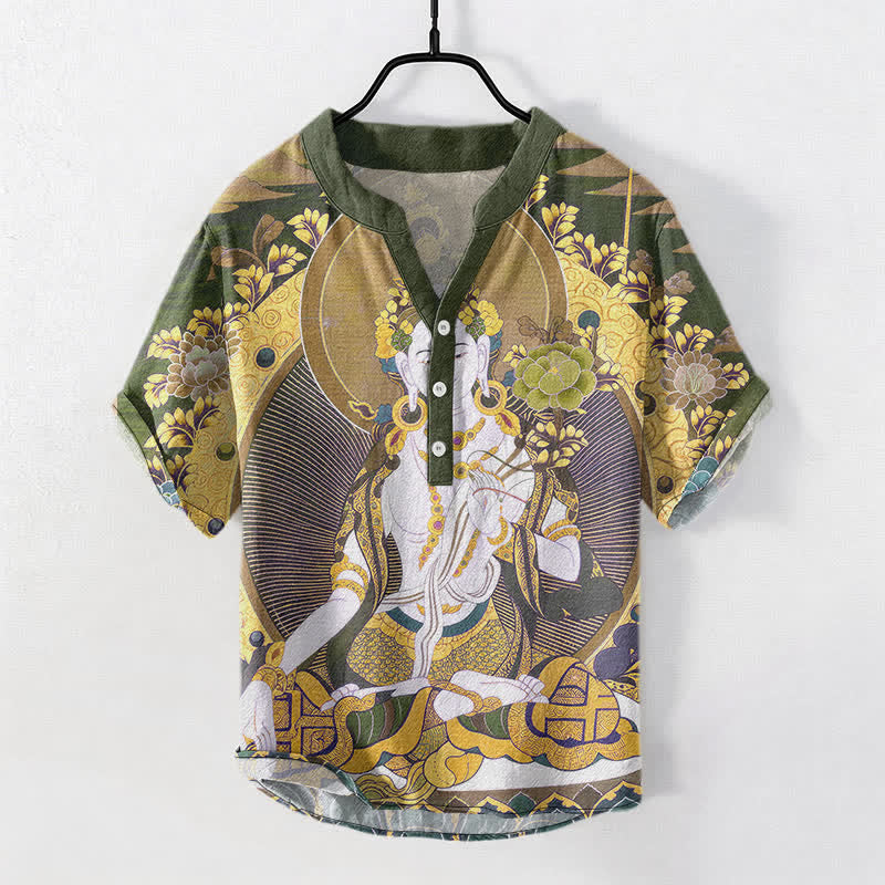 Buddha Stones Koszula męska z krótkim rękawem i krótkim guzikiem, bawełniana, z motywem kwiatowym Radiant Buddha - Ciemny Khaki - US/UK/AU50, EU60 (5XL) - image 7