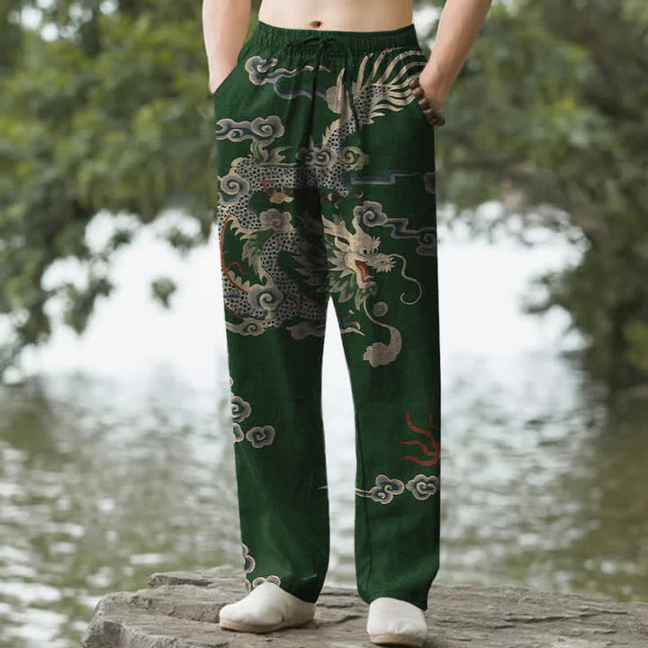 Buddha Stones Spodnie męskie zwężane z kieszeniami i wzorem w chmurki z bawełny Dragon - Ciemnozielony - US/UK/AU50, EU60 (5XL) - image 4