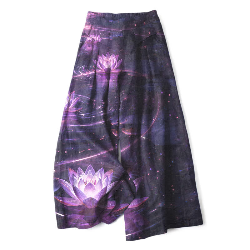 Buddha Stones Spodnie damskie z szerokimi nogawkami i elastyczną talią, wzorem Lotus Galaxy i kieszeniami, z bawełny i lnu - Indygo - US16, UK/AU20, EU48 (3XL) - image 0