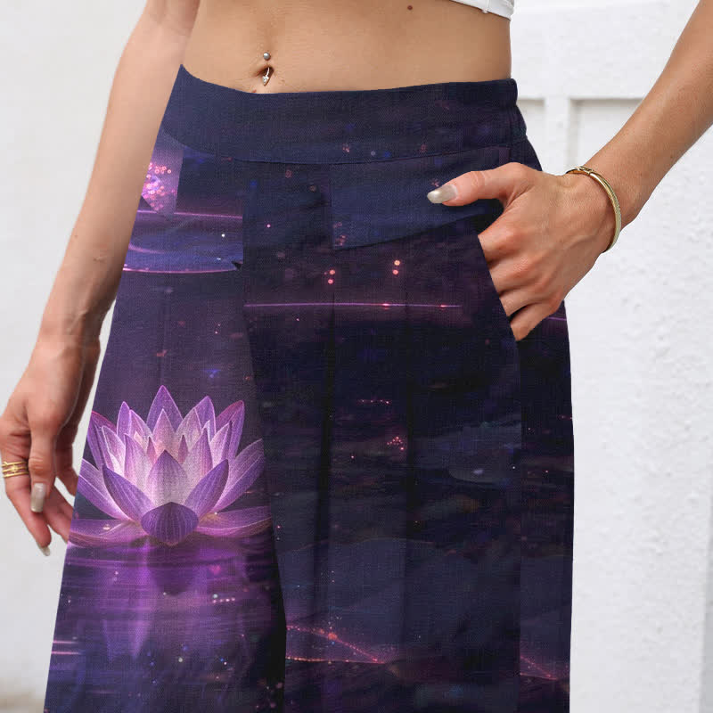 Buddha Stones Spodnie damskie z szerokimi nogawkami i elastyczną talią, wzorem Lotus Galaxy i kieszeniami, z bawełny i lnu - image 2