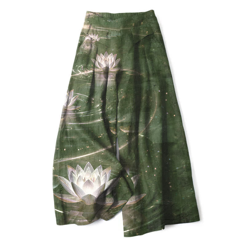 Buddha Stones Spodnie damskie z szerokimi nogawkami i elastyczną talią, wzorem Lotus Galaxy i kieszeniami, z bawełny i lnu - DarkOliveGreen - US16, UK/AU20, EU48 (3XL) - image 5