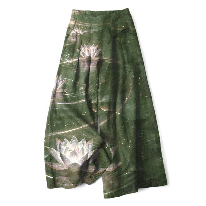 Buddha Stones Spodnie damskie z szerokimi nogawkami i elastyczną talią, wzorem Lotus Galaxy i kieszeniami, z bawełny i lnu - DarkOliveGreen - US16, UK/AU20, EU48 (3XL) - image 5