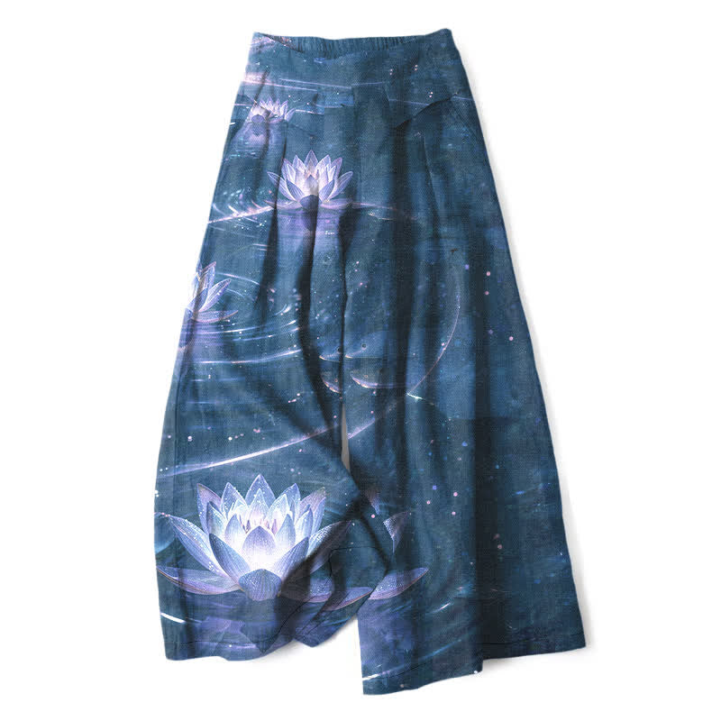 Buddha Stones Spodnie damskie z szerokimi nogawkami i elastyczną talią, wzorem Lotus Galaxy i kieszeniami, z bawełny i lnu - Ciemnoniebieski - US16, UK/AU20, EU48 (3XL) - image 7