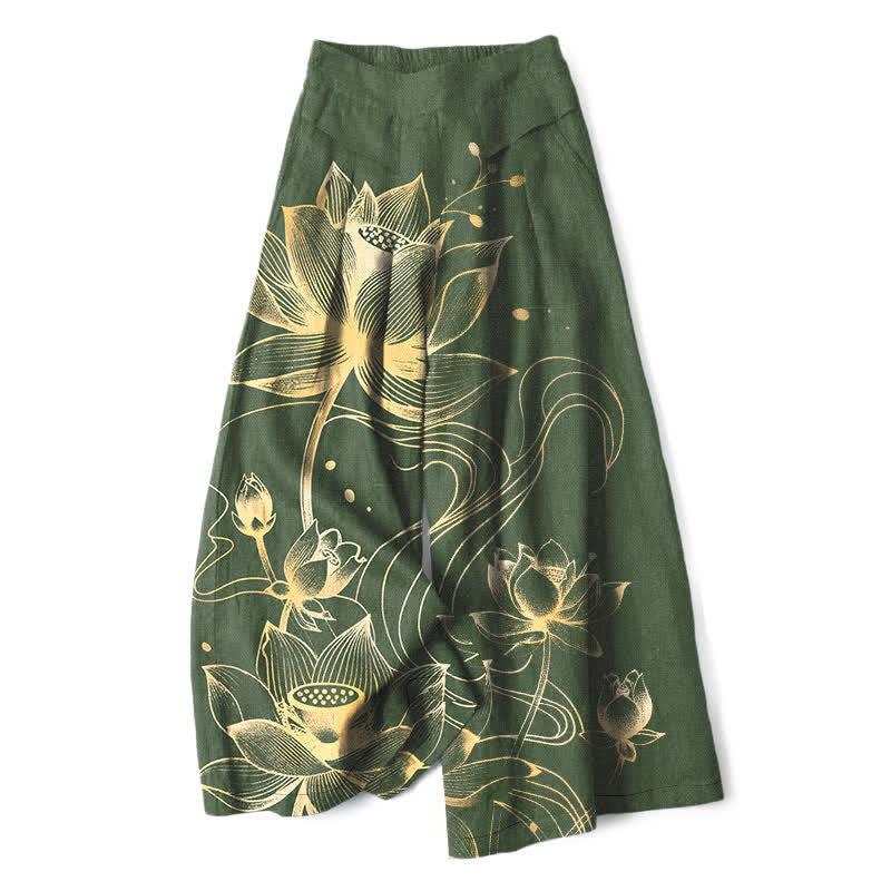Buddha Stones Spodnie damskie z szerokimi nogawkami i elastyczną talią i kieszeniami, wzór złotego lotosu, z bawełny i lnu - DarkOliveGreen - US16, UK/AU20, EU48 (3XL) - image 7