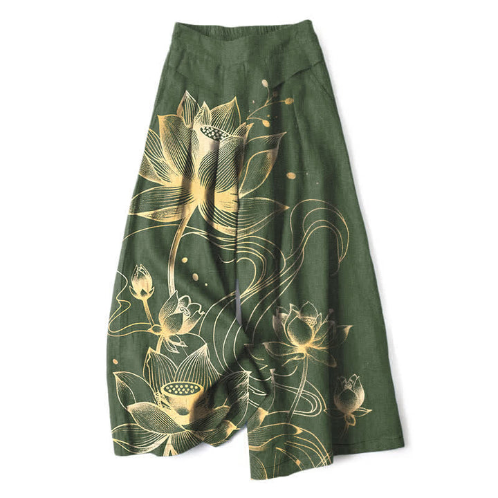 Buddha Stones Spodnie damskie z szerokimi nogawkami i elastyczną talią i kieszeniami, wzór złotego lotosu, z bawełny i lnu - DarkOliveGreen - US16, UK/AU20, EU48 (3XL) - image 7