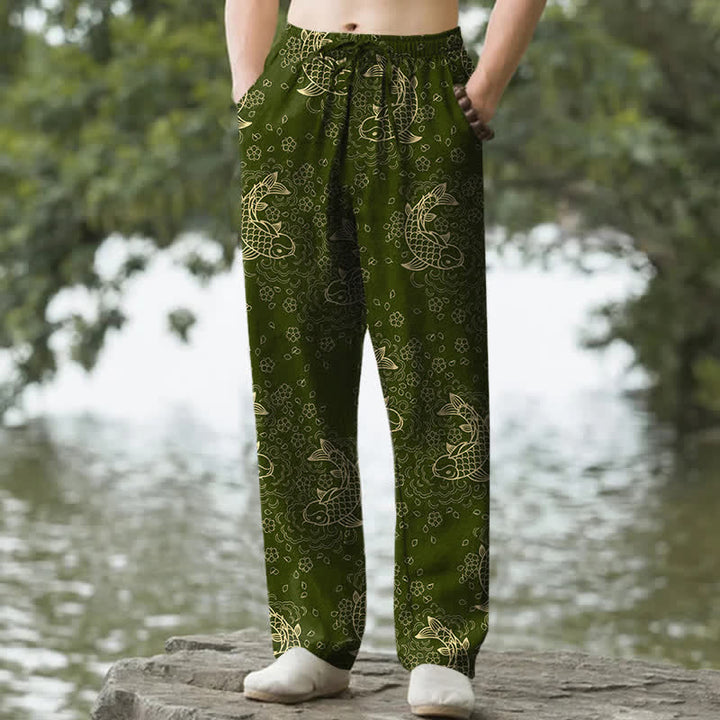 Buddha Stones Spodnie męskie zwężane z bawełny z motywem kwiatowym i złotym karpiem koi z kieszeniami - Oliwkowy - US/UK/AU50, EU60 (5XL) - image 4