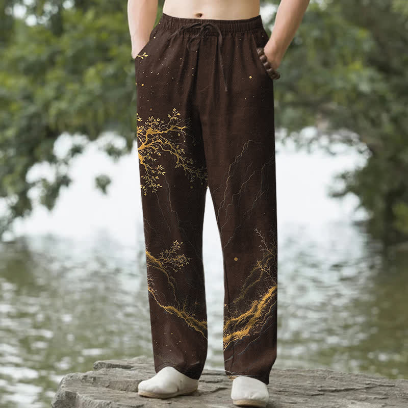 Buddha Stones Spodnie męskie zwężane z bawełny z wzorem gałęzi i kieszeniami - SaddleBrown - US/UK/AU50, EU60 (5XL) - image 0