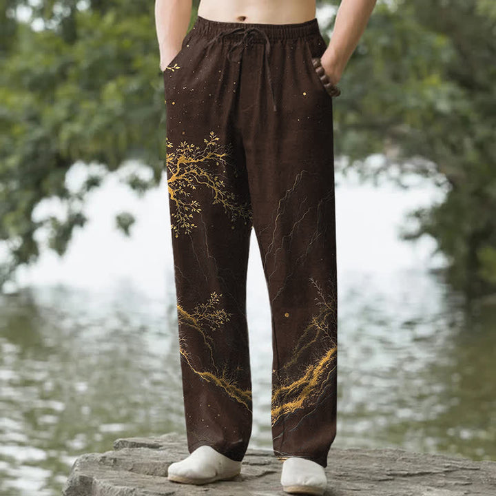 Buddha Stones Spodnie męskie zwężane z bawełny z wzorem gałęzi i kieszeniami - SaddleBrown - US/UK/AU50, EU60 (5XL) - image 0