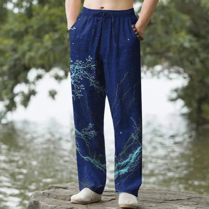Buddha Stones Spodnie męskie zwężane z bawełny z wzorem gałęzi i kieszeniami - Marynarka wojenna - US/UK/AU50, EU60 (5XL) - image 4
