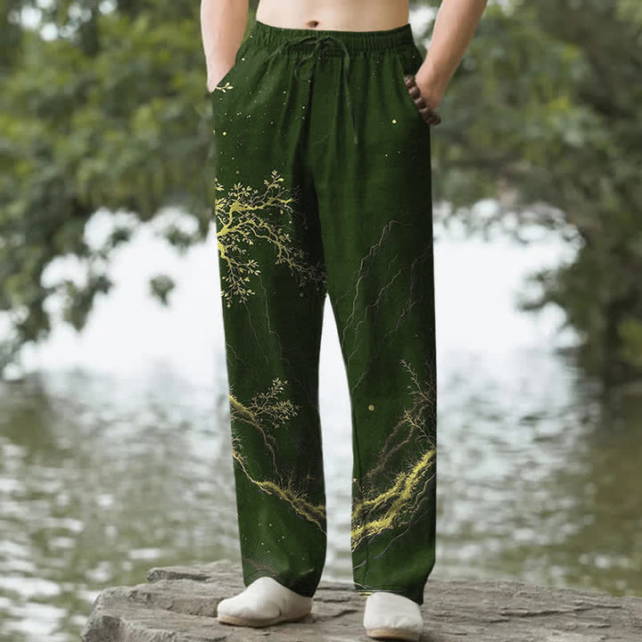Buddha Stones Spodnie męskie zwężane z bawełny z wzorem gałęzi i kieszeniami - ForestGreen - US/UK/AU50, EU60 (5XL) - image 6