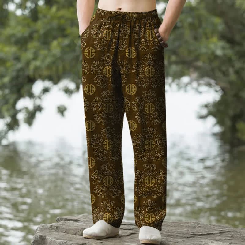 Buddha Stones Bawełniane, eleganckie, okrągłe, kwiatowe spodnie męskie ze zwężanymi nogawkami i kieszeniami - SaddleBrown - US/UK/AU50, EU60 (5XL) - image 0