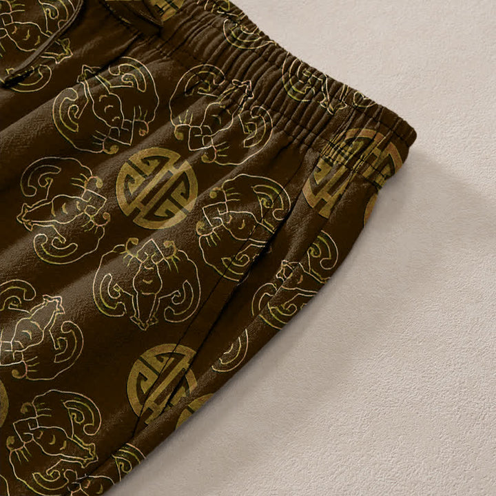 Buddha Stones Bawełniane, eleganckie, okrągłe, kwiatowe spodnie męskie ze zwężanymi nogawkami i kieszeniami - image 2