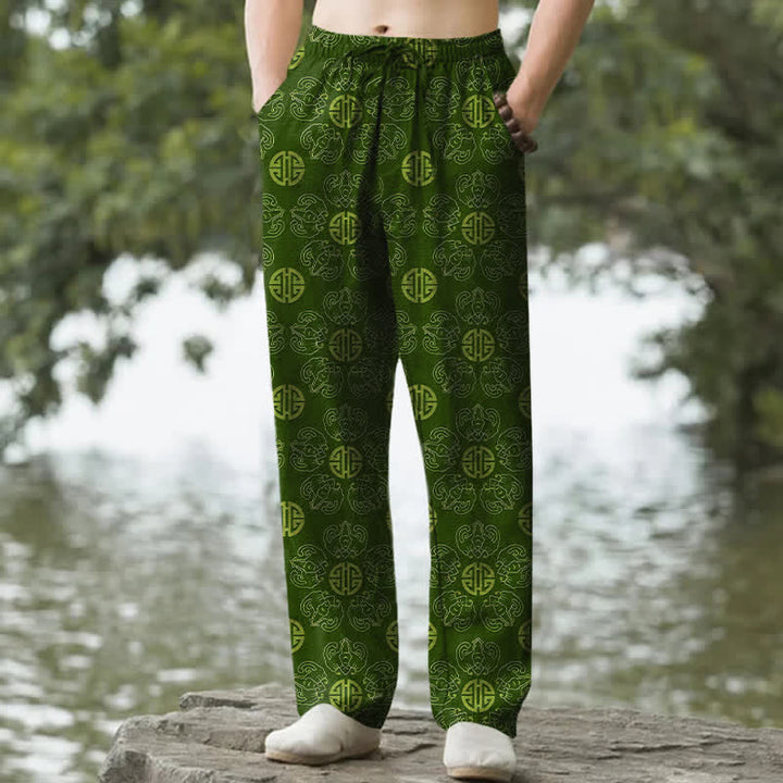 Buddha Stones Bawełniane, eleganckie, okrągłe, kwiatowe spodnie męskie ze zwężanymi nogawkami i kieszeniami - ForestGreen - US/UK/AU50, EU60 (5XL) - image 4