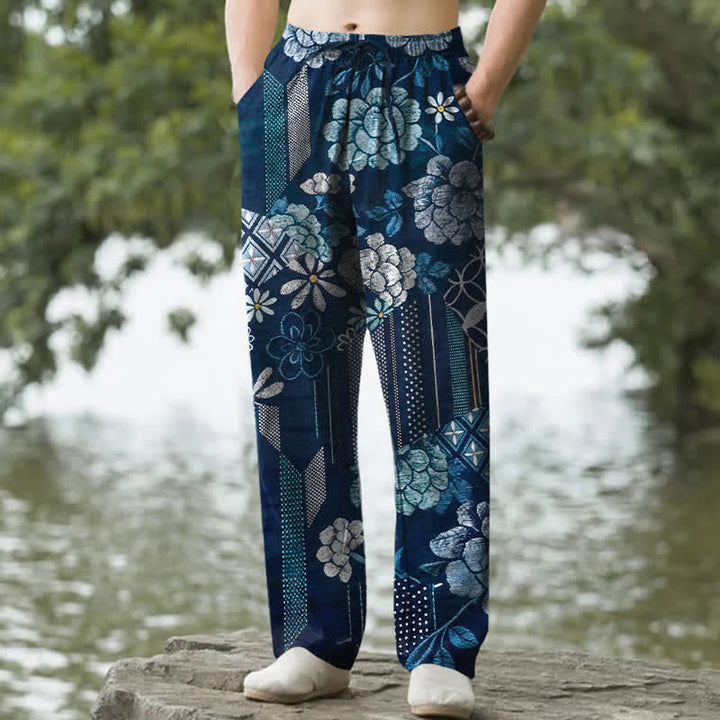 Buddha Stones Spodnie męskie ze zwężanymi nogawkami i kieszeniami, bawełniane, w kwiatowy wzór w stylu boho - Marynarka wojenna - US/UK/AU50, EU60 (5XL) - image 0