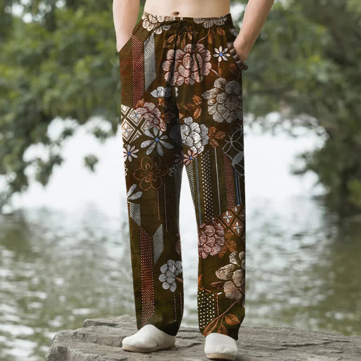 Buddha Stones Spodnie męskie ze zwężanymi nogawkami i kieszeniami, bawełniane, w kwiatowy wzór w stylu boho - SaddleBrown - US/UK/AU50, EU60 (5XL) - image 4