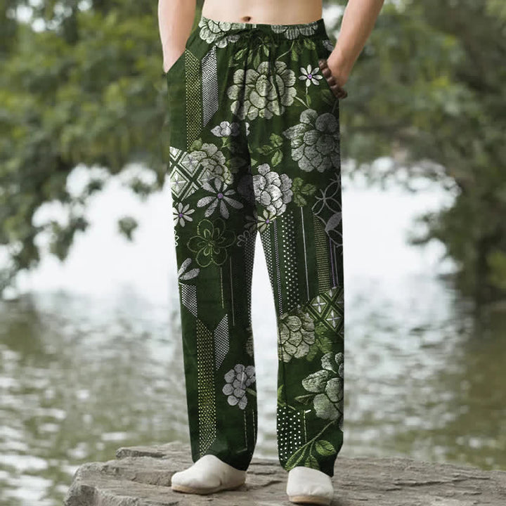 Buddha Stones Spodnie męskie ze zwężanymi nogawkami i kieszeniami, bawełniane, w kwiatowy wzór w stylu boho - ForestGreen - US/UK/AU50, EU60 (5XL) - image 6