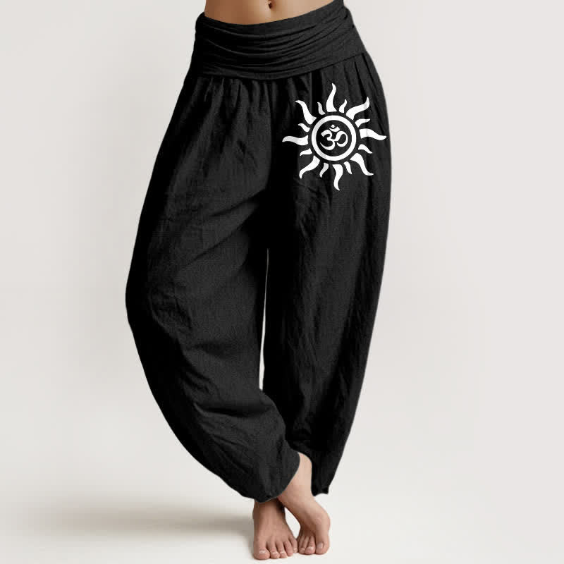 Buddha Stones Spodnie damskie harem z elastycznej talii z czystej bawełny w wzór Sun Om - Czarny - US16, UK/AU20, EU48 (3XL) - image 0