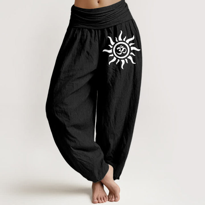 Buddha Stones Spodnie damskie harem z elastycznej talii z czystej bawełny w wzór Sun Om - Czarny - US16, UK/AU20, EU48 (3XL) - image 0