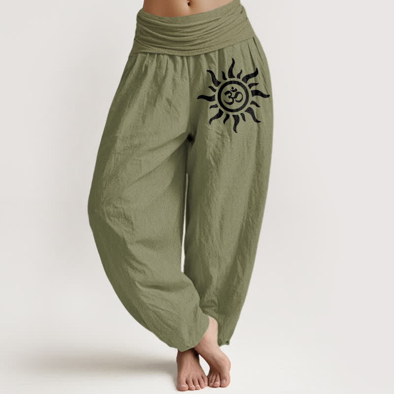 Buddha Stones Spodnie damskie harem z elastycznej talii z czystej bawełny w wzór Sun Om - Oliwkowy - US16, UK/AU20, EU48 (3XL) - image 14