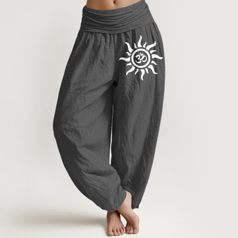 Buddha Stones Spodnie damskie harem z elastycznej talii z czystej bawełny w wzór Sun Om - DimGray - US16, UK/AU20, EU48 (3XL) - image 8