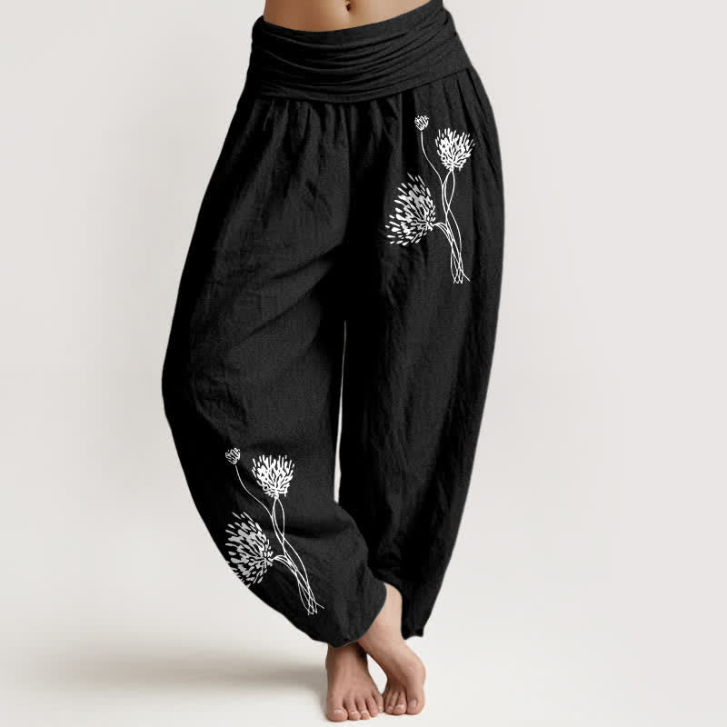 Buddha Stones Spodnie damskie typu harem z elastycznej talii z czystej bawełny w botaniczny wzór - Czarny - US16, UK/AU20, EU48 (3XL) - image 5