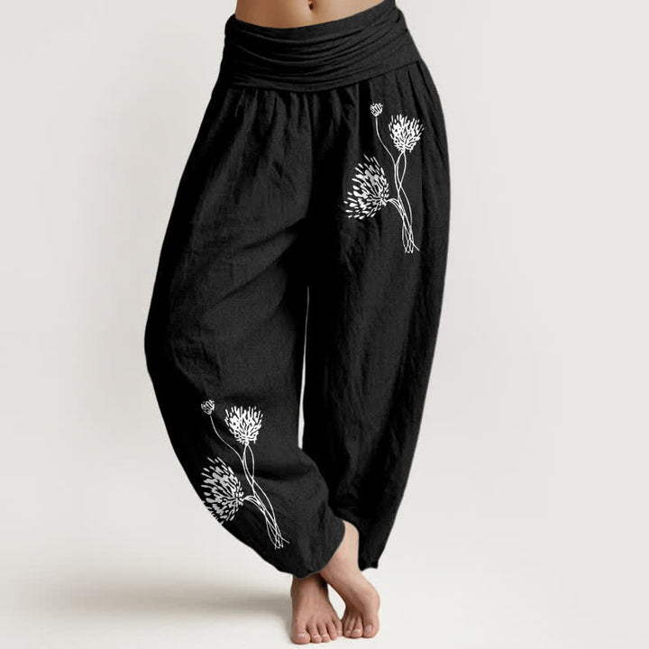 Buddha Stones Spodnie damskie typu harem z elastycznej talii z czystej bawełny w botaniczny wzór - Czarny - US16, UK/AU20, EU48 (3XL) - image 5