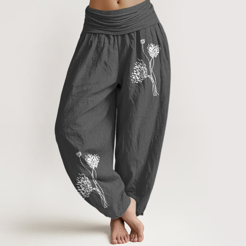 Buddha Stones Spodnie damskie typu harem z elastycznej talii z czystej bawełny w botaniczny wzór - DimGray - US16, UK/AU20, EU48 (3XL) - image 11