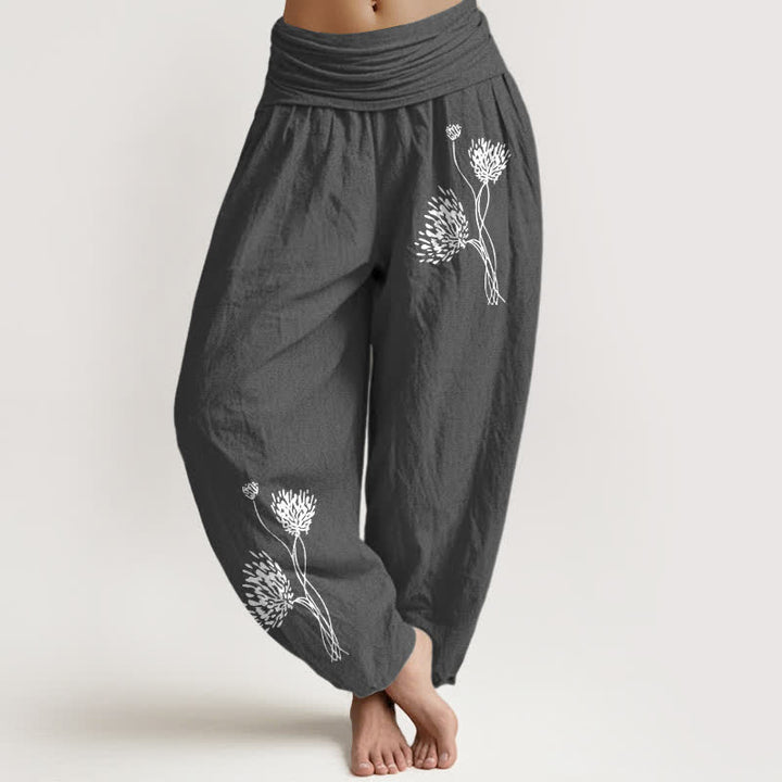Buddha Stones Spodnie damskie typu harem z elastycznej talii z czystej bawełny w botaniczny wzór - DimGray - US16, UK/AU20, EU48 (3XL) - image 11