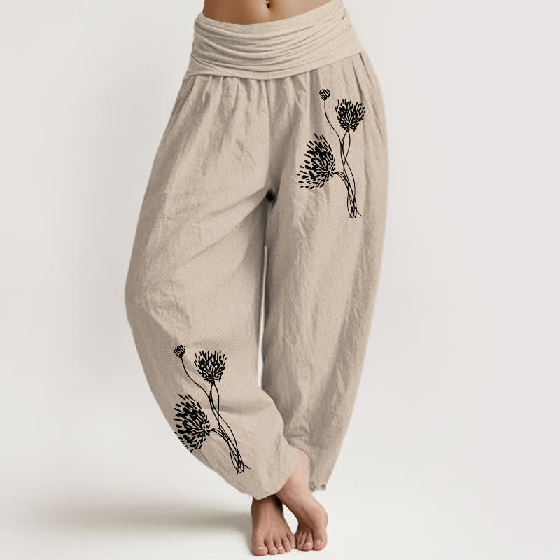 Buddha Stones Spodnie damskie typu harem z elastycznej talii z czystej bawełny w botaniczny wzór - Dębnik - US16, UK/AU20, EU48 (3XL) - image 0