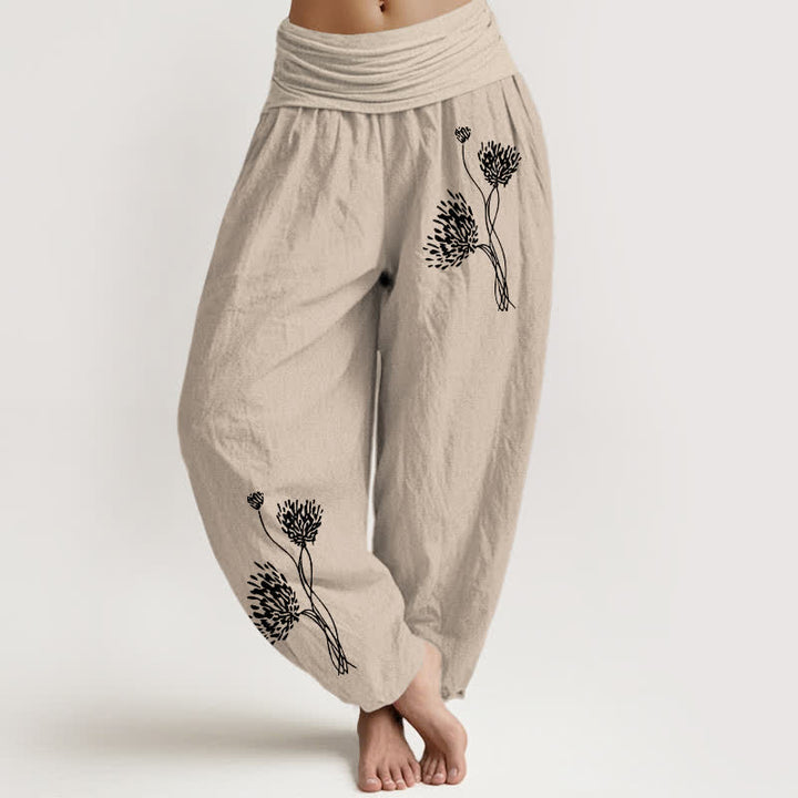 Buddha Stones Spodnie damskie typu harem z elastycznej talii z czystej bawełny w botaniczny wzór - Dębnik - US16, UK/AU20, EU48 (3XL) - image 0