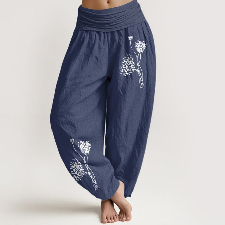 Buddha Stones Spodnie damskie typu harem z elastycznej talii z czystej bawełny w botaniczny wzór - DarkSlateBlue - US16, UK/AU20, EU48 (3XL) - image 8