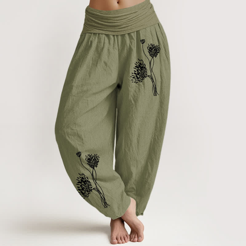 Buddha Stones Spodnie damskie typu harem z elastycznej talii z czystej bawełny w botaniczny wzór - Oliwkowy - US16, UK/AU20, EU48 (3XL) - image 14
