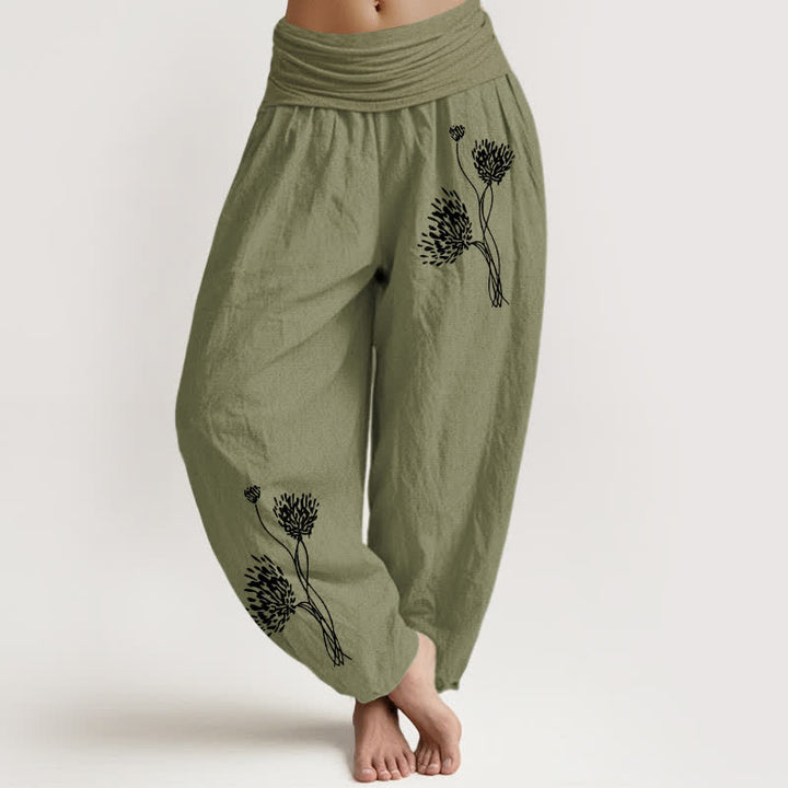 Buddha Stones Spodnie damskie typu harem z elastycznej talii z czystej bawełny w botaniczny wzór - Oliwkowy - US16, UK/AU20, EU48 (3XL) - image 14
