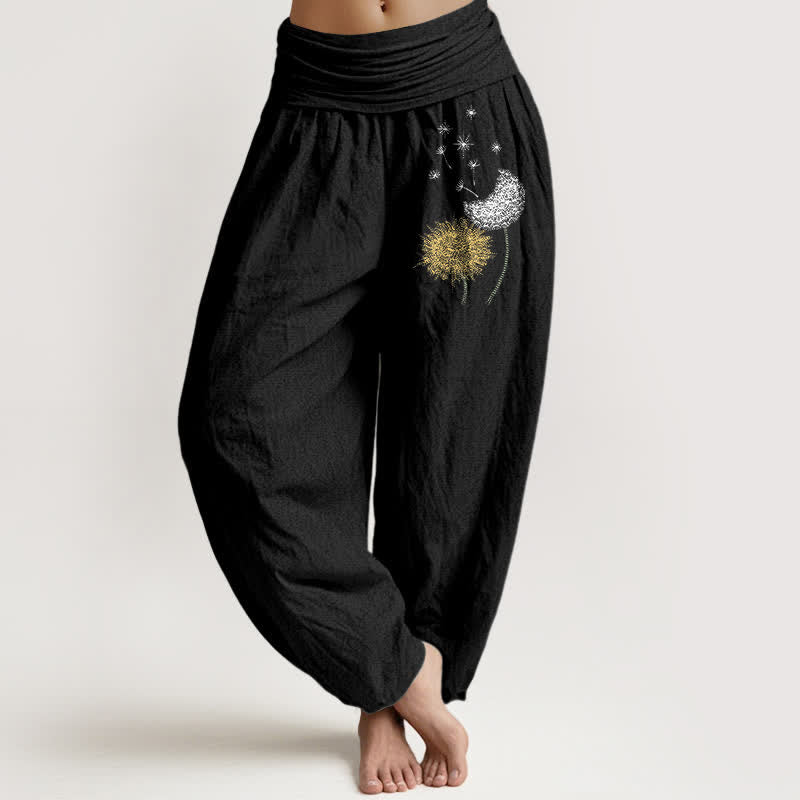 Buddha Stones Spodnie damskie typu harem z elastycznej talii z wzorem w kwiaty mniszka lekarskiego z czystej bawełny - Czarny - US16, UK/AU20, EU48 (3XL) - image 0