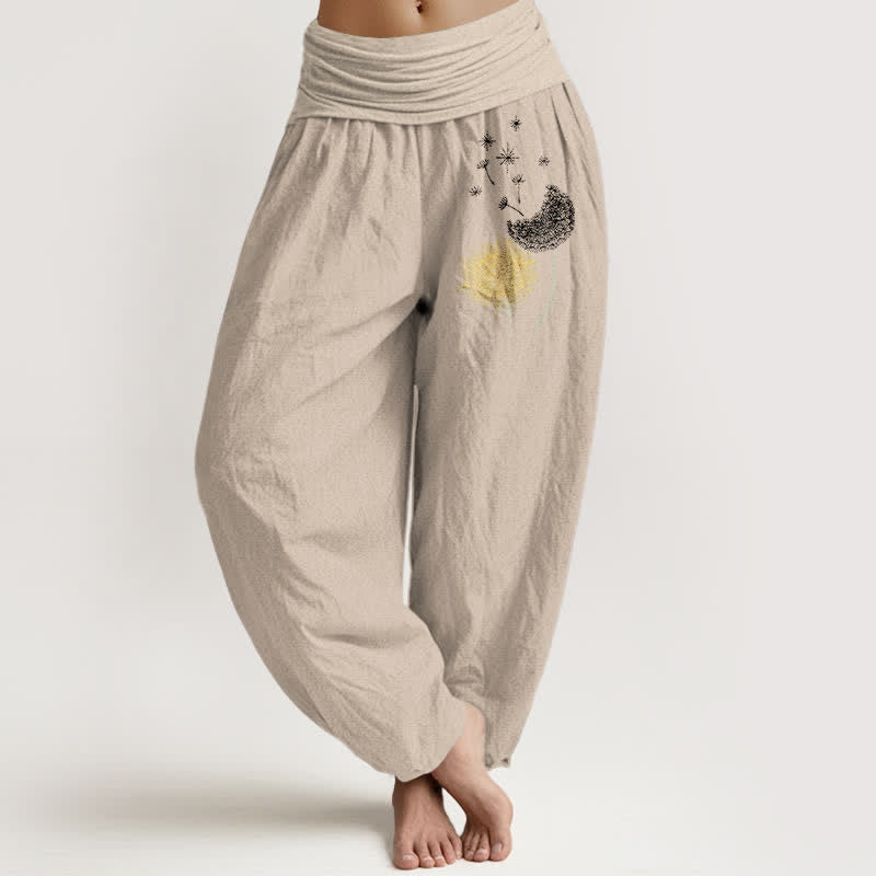 Buddha Stones Spodnie damskie typu harem z elastycznej talii z wzorem w kwiaty mniszka lekarskiego z czystej bawełny - Dębnik - US16, UK/AU20, EU48 (3XL) - image 11