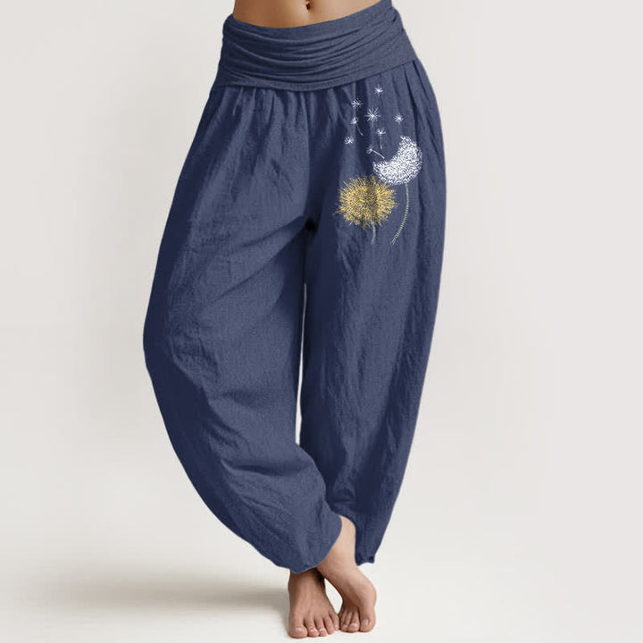 Buddha Stones Spodnie damskie typu harem z elastycznej talii z wzorem w kwiaty mniszka lekarskiego z czystej bawełny - DarkSlateBlue - US16, UK/AU20, EU48 (3XL) - image 5