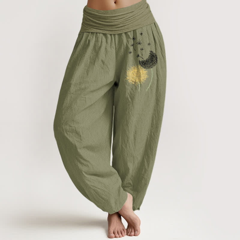 Buddha Stones Spodnie damskie typu harem z elastycznej talii z wzorem w kwiaty mniszka lekarskiego z czystej bawełny - Oliwkowy - US16, UK/AU20, EU48 (3XL) - image 14