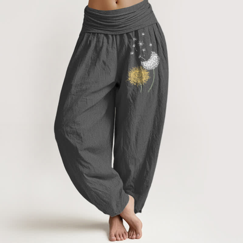 Buddha Stones Spodnie damskie typu harem z elastycznej talii z wzorem w kwiaty mniszka lekarskiego z czystej bawełny - DimGray - US16, UK/AU20, EU48 (3XL) - image 8
