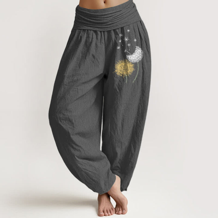 Buddha Stones Spodnie damskie typu harem z elastycznej talii z wzorem w kwiaty mniszka lekarskiego z czystej bawełny - DimGray - US16, UK/AU20, EU48 (3XL) - image 8